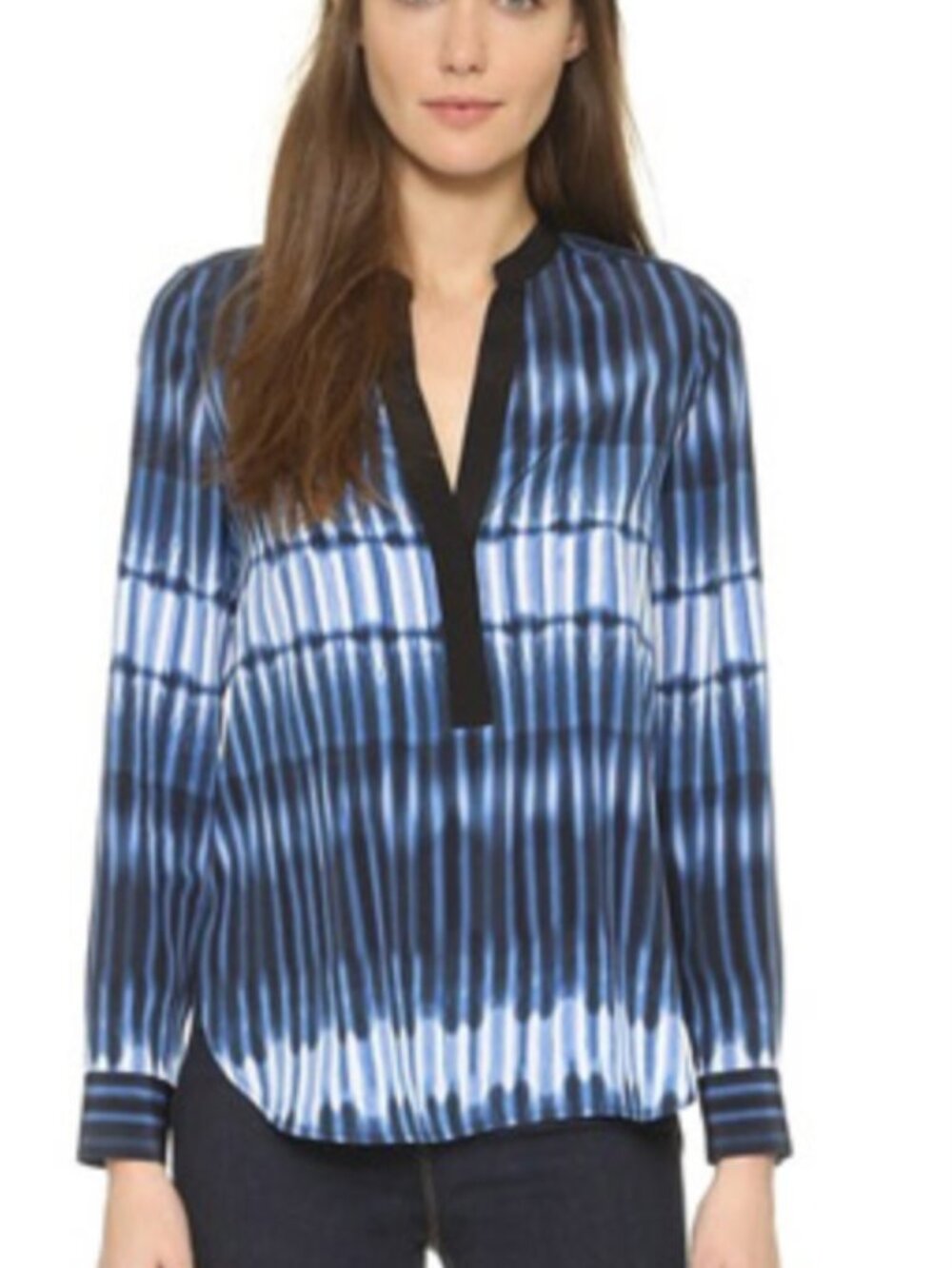 Vince 100% Silk Blue Tie Dye Blouse Long Sleeve Split Neck Top Womens Size 6